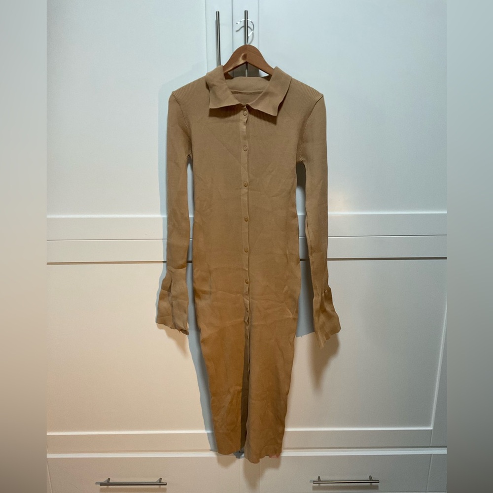 Elegant Tan Button-Up Dress